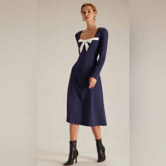 NWT RIHOAS Bowknot Collar Contrast Midi Dress Sz s - Picture 5 of 9